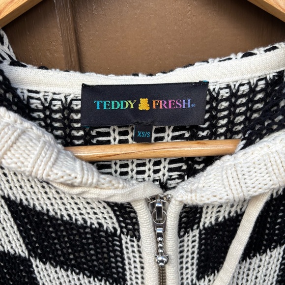 Teddy Fresh Full Zip Knit Hoodie Womens XS/S Checkered Multicolor Oversized - Picture 3 of 15